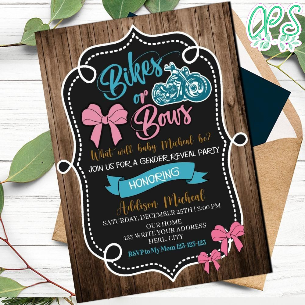 Bikes Or Bows Gender Reveal Party Invitation Printable DIY Bikes Or Bows Gender Reveal Party Invitation Printable DIY