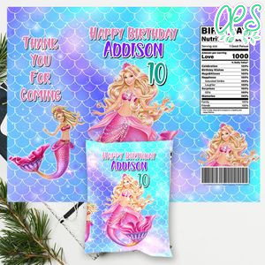 Barbie Mermaid Birthday Chip Bag Digital File Printable Instant Download