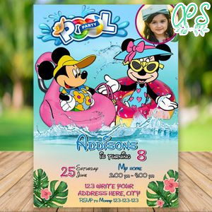 Personalized Mickey Minnie Mouse Pool Party With Photo Invitation Instant Download