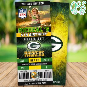 Editable Green Bay Packers Football Sports With Photo Party Invitations Digital File