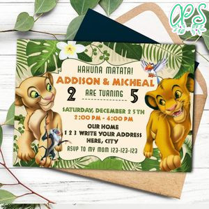 Nala and Simba Lion Twins Birthday Invitation Printable Instant Download