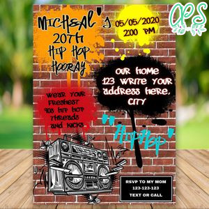 Editable Hip Hop Hooray 90's Party Birthday Invitation Instant Download