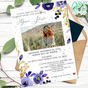 Purple Gold Florals Funeral Announcement Template to Print at Home Instant Download