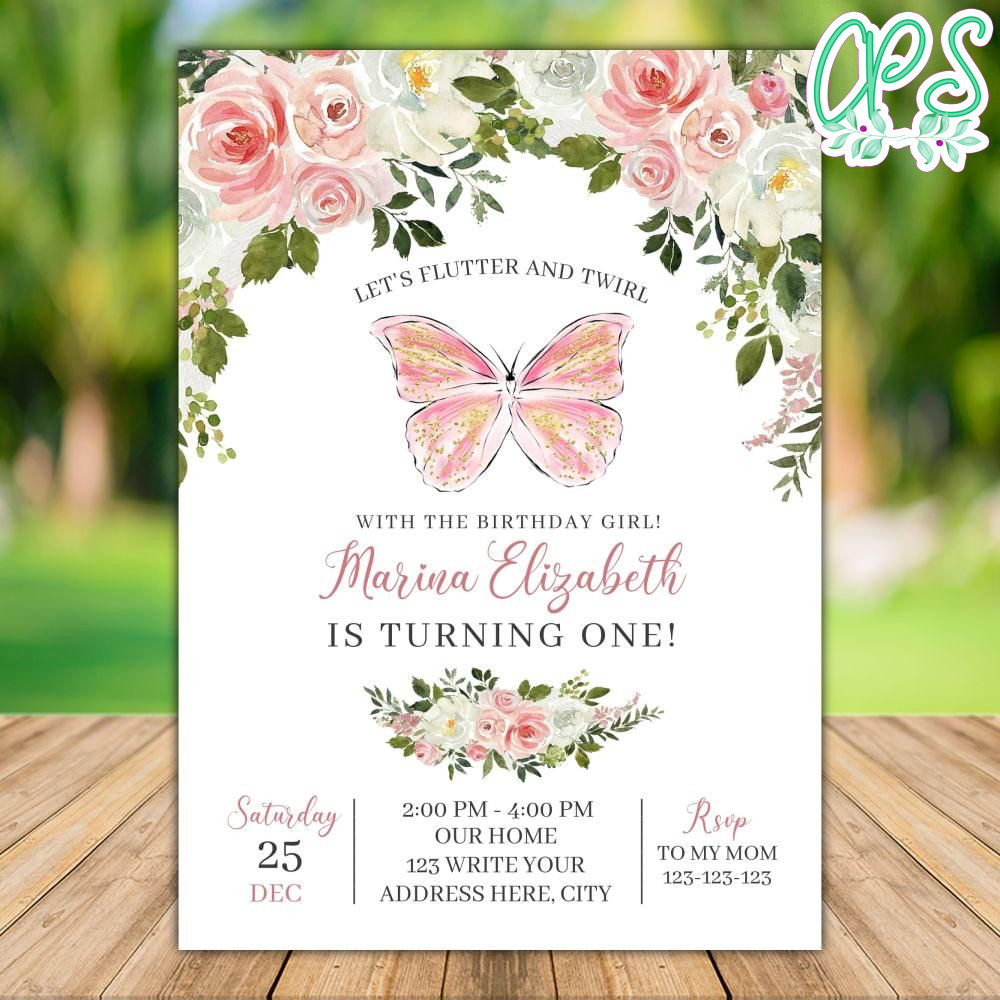 Printable Butterfly First Birthday Invitation Instant Download CustomPartyShirts