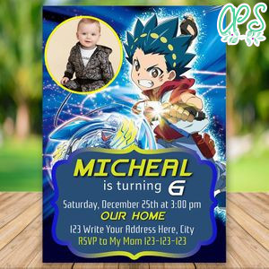 Editable Beyblade Burst Invitation With Photo and Free Thank You Tag Instant Download