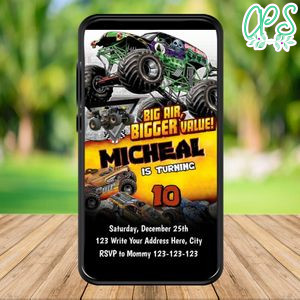 Mobile Monster Truck Birthday Electronic Invite Invitation Instant Download
