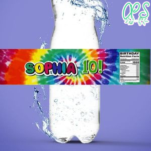 Tie Dye Birthday Water Bottle Label Template to Print at Home Instant Download
