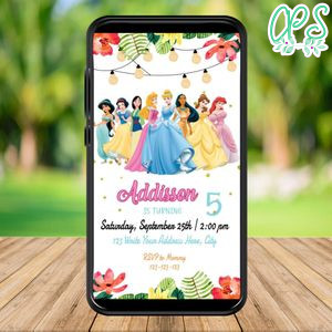 Mobile Disney Princess Birthday Electronic Invite Invitation for Girl Instant Download