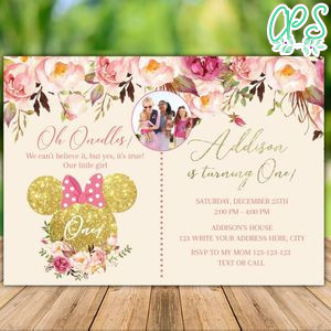 Printable Minnie Mouse Pink Gold Glitter Birthday Invitation With Photo Instant Download