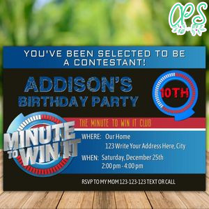 Printable Minute To Win It Birthday Party Invitation Instant Download