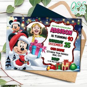 Minnie Mouse Christmas Birthday Invitation Template to print at home Instant Download