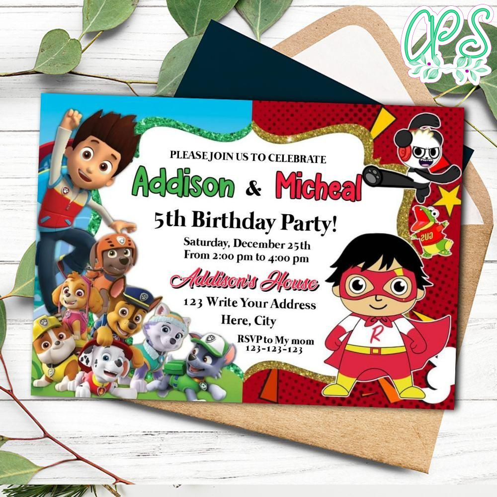 Paw Patrol And Ryans World Twins Birthday Flyer Printable Instant Download