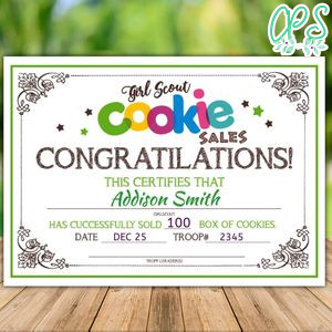 Printable Girl Scout Cookie Sales Congratulations Certificate Template Instant Download