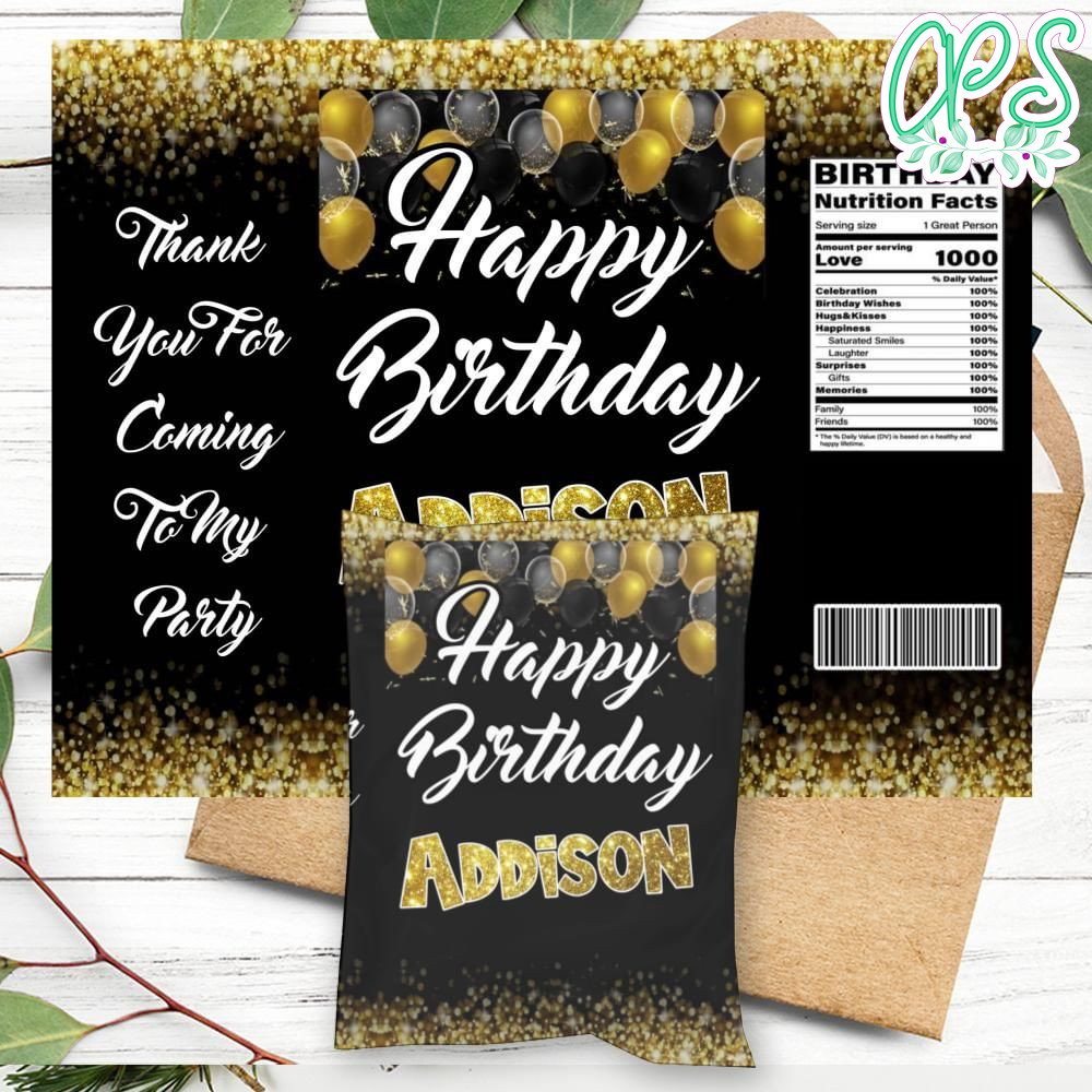 Black and Gold Birthday Chip Bag Digital File Printable DIY