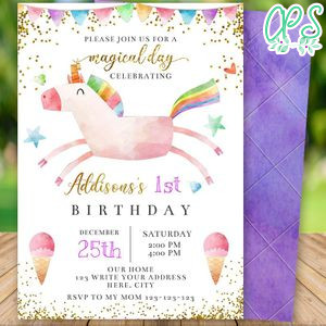 Printable Magical Unicorn Flyer First Birthday Flyer Instant Download
