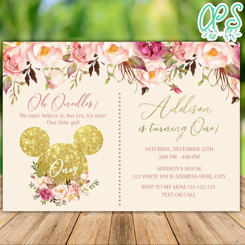 Printable Mickey Mouse Pink Gold Glitter First Birthday Flyer Instant Download