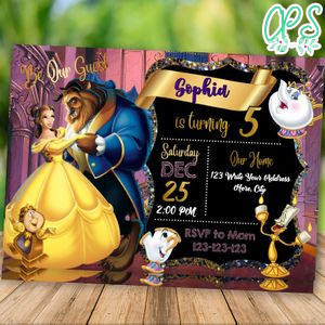 Editable Beauty And Beast Birthday Invitation Pink And Gold Instant Download
