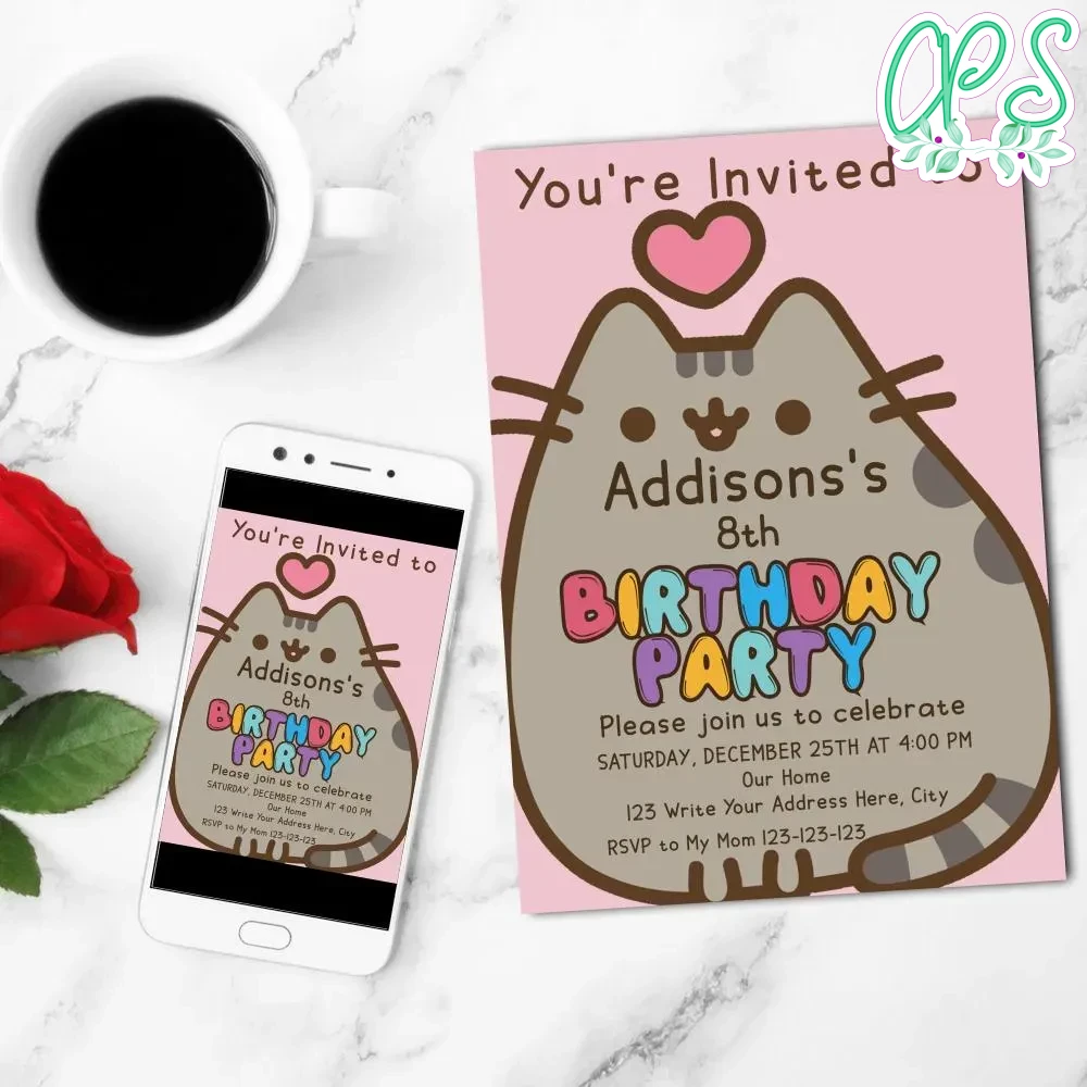 Cat Birthday Invitation Customizable Template DIY Partyinvitedesign