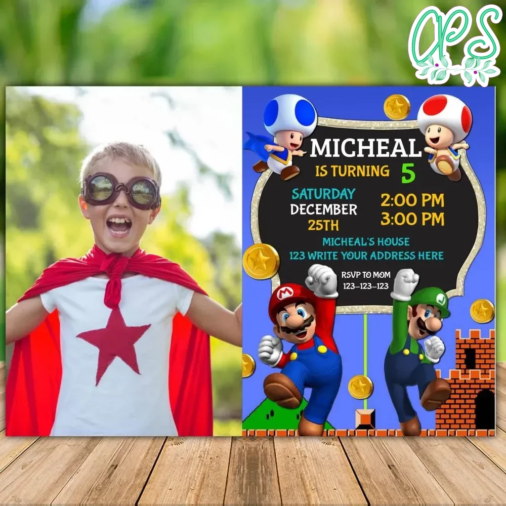 Printable Super Mario Birthday Invitation With Photo DIY | Partyinvitedesign