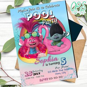 Editable Trolls Pool Party Birthday Invitation Instant Download