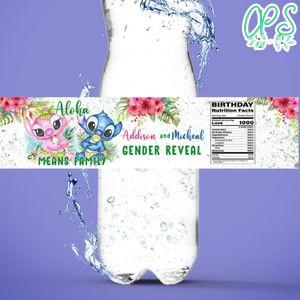 Stitch gender reveal Water Bottle Label Template to Print at Home Instant Download