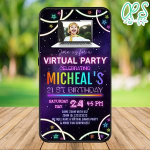 Electronic Glow Neon Virtual Party Electronic Invite Invitation with Photo Instant Download