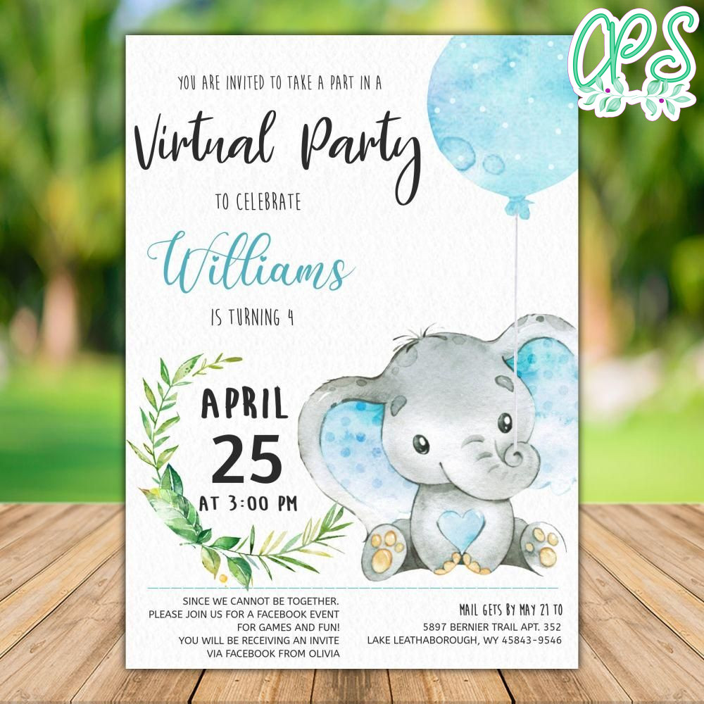 Printable Baby Elephant Virtual Party Invitation Template DIY CustomPartyShirts Studio