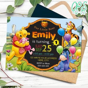 Editable Winnie the pooh for 1st birthday Invitation Instant Download