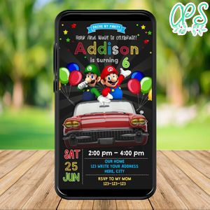 Mobile Super Mario Drive By Birthday Parade Electronic Invite Invitation Template Instant Download