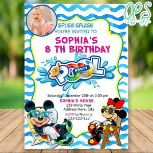 Editable Mickey and Minnie Mouse Pool Party Invitation With Photo Instant Download