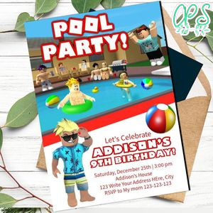 Roblox Pool Party Birthday Flyer for boy Printable Instant Download