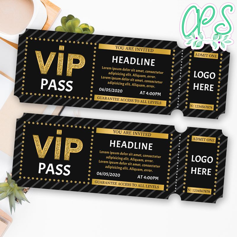 Printable Gold Vip Pass Admission Ticket Template DIY | CustomPartyShirts