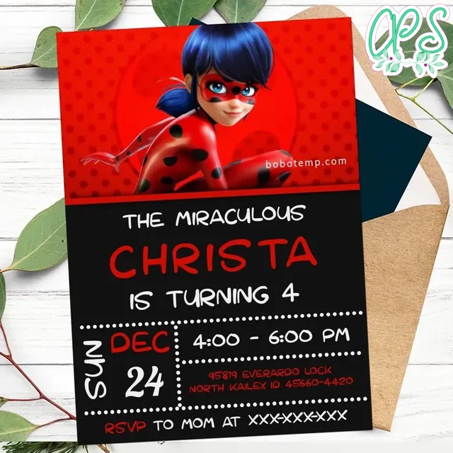 Editable Miraculous Ladybug Birthday Party Invitation DIY | CustomPartyShirts editable-miraculous-ladybug-birthday-party-invitation-diy-custompartyshirts