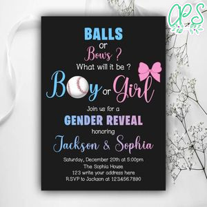 Printable Baseball Balls and Bows Gender Reveal Invitation Instant Download