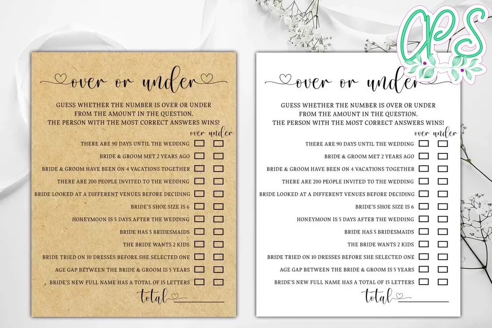 Printable Over or Under Bridal Shower Game Instant Download ...