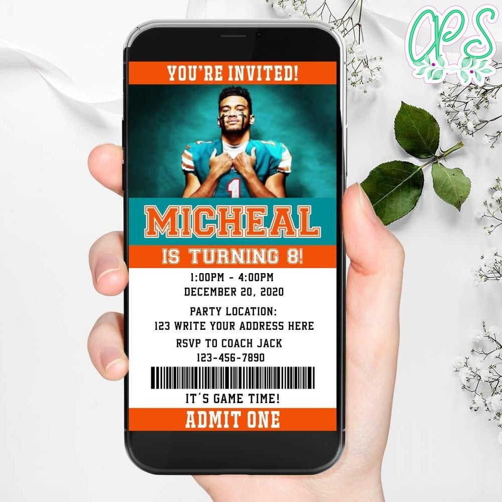 Electronic Tua Tagovailoa Miami Dolphins Electronic Invite Birthday Invitations Instant Download