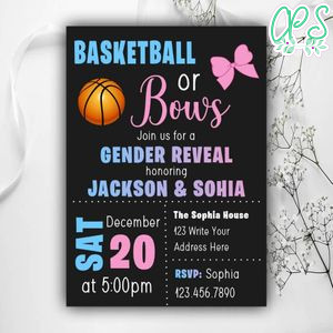Printable Basketball Or Bows Gender Reveal Invitations Instant Download