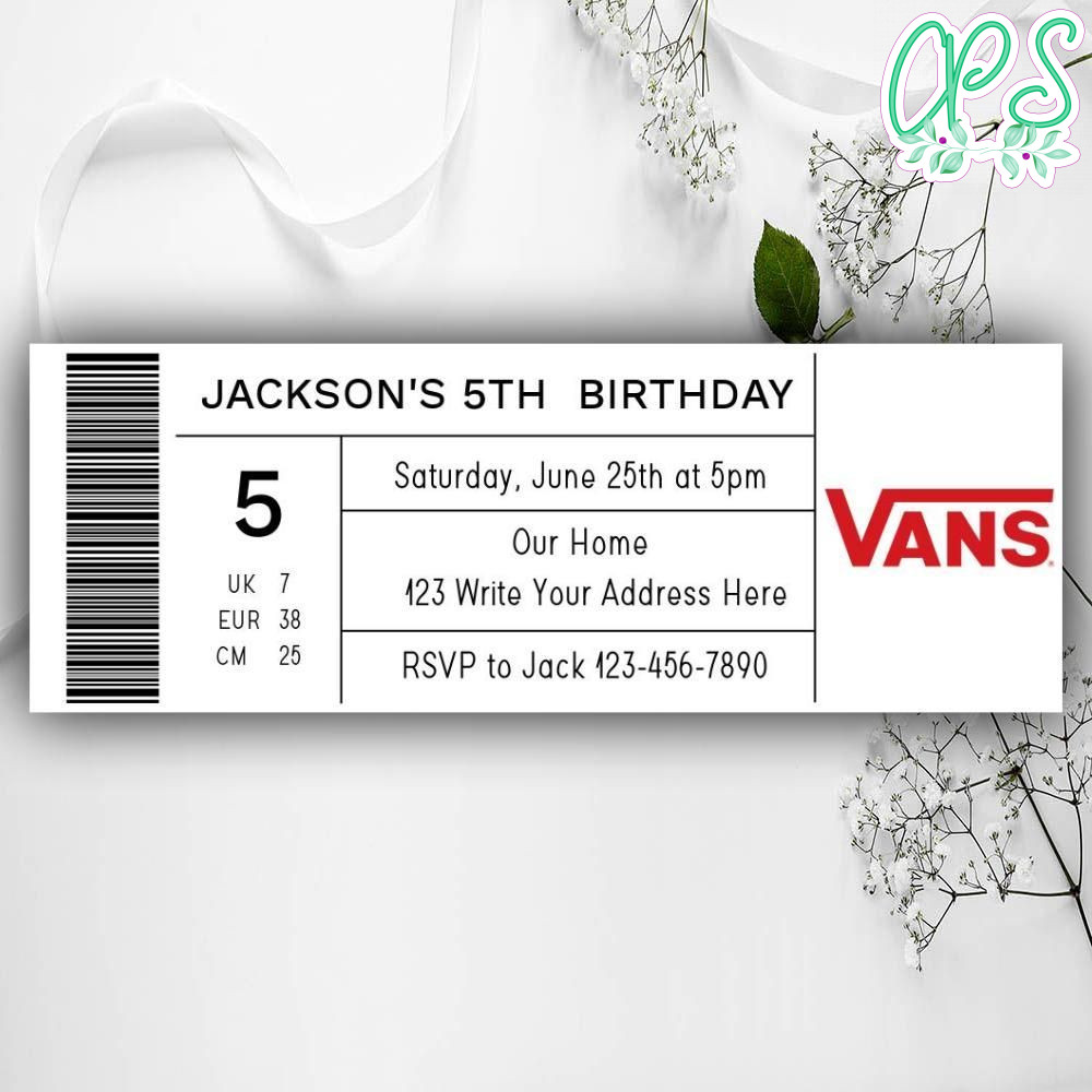 Vans Shoe Box Label Birthday Ticket Invitations Instant Download