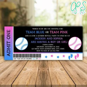 Baseball Gender Reveal Ticket Invitation Instant Download