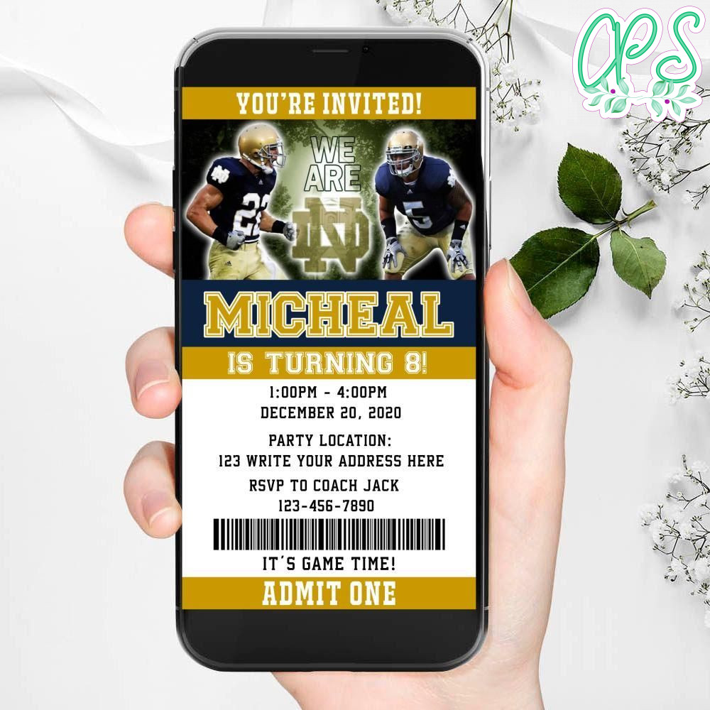 Electronic Notre Dame Fighting Irish Electronic Invite Birthday Invitations Instant Download