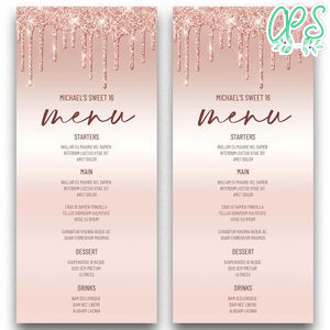 Dripping Rose Gold Menu Card Template to Print at Home Instant Download