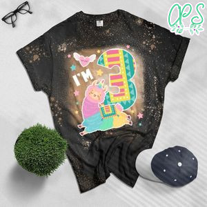 Llama I'm 3 year old Girl Theme 3rd B-day Farm Gift Bleached Shirt
