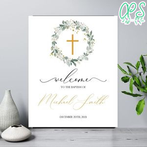 Gold Greenery Baptism Welcome Sign Customizable Template Instant Download