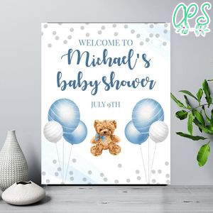 Blue and Silver Teddy Bear Baby Shower Welcome Sign Printable Instant Download