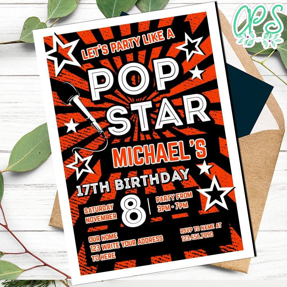 Pop star Invitation Customizable Template DIY | CustomPartyShirts