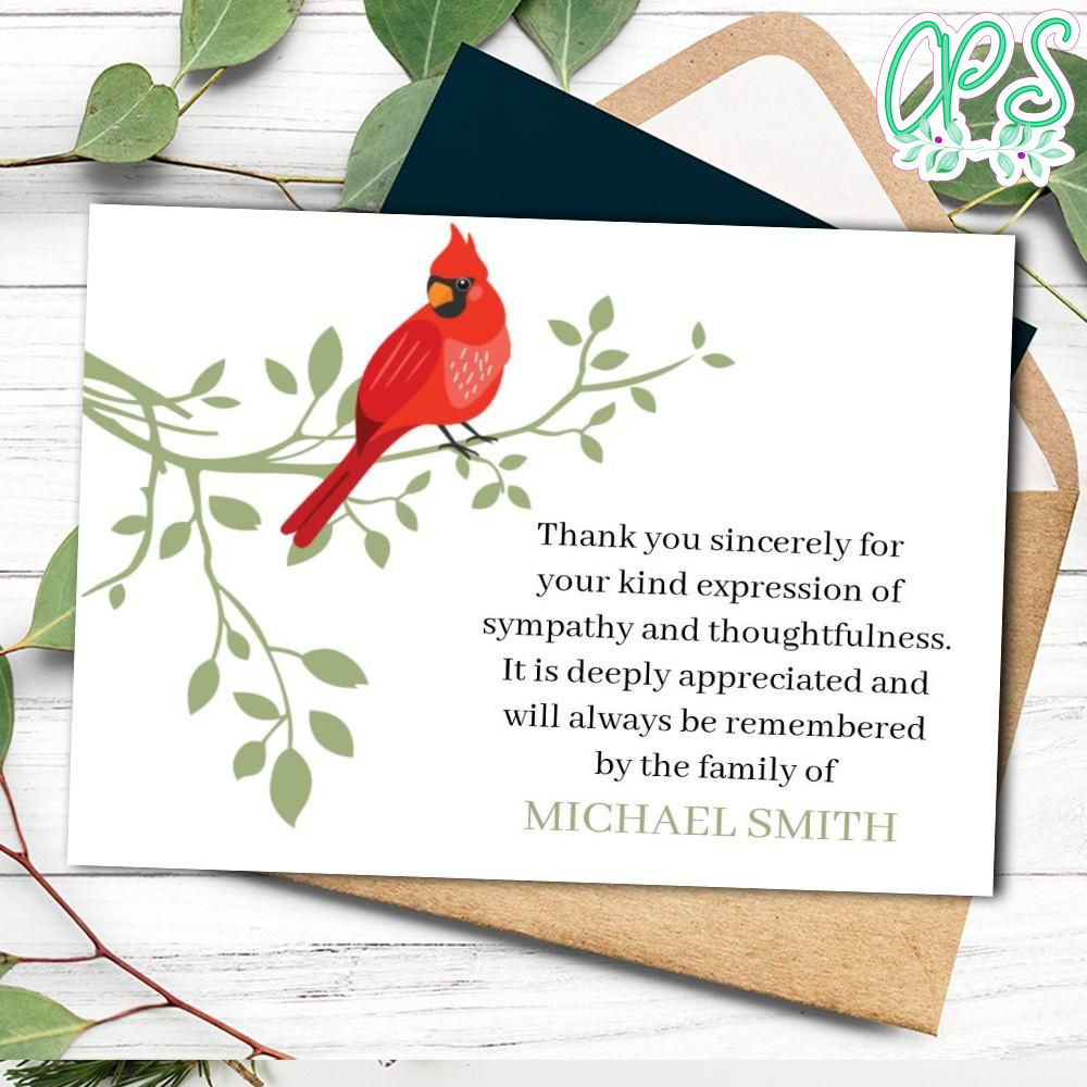 Red Cardinal Funeral Thank You Note Card Template Printable DIY