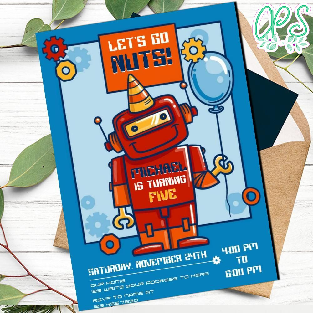 Robot Birthday Party Invitation Customizable Template DIY