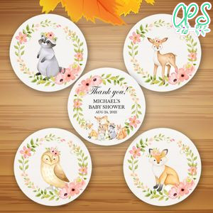 Woodland stickers round Customizable template to print at home instant Download