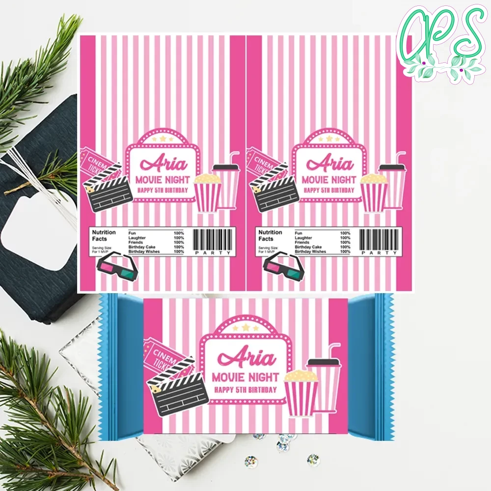 Pink Movie Night Candy Bar Wrapper Label Digital File | CustomPartyShirts