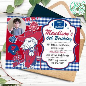 Ole miss Birthday Invitation with Photo Customizable Template to Print at Home Instant Download